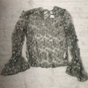 H&M Sage green sheer top with floral appliqués and flare sleeves size 4 NWT